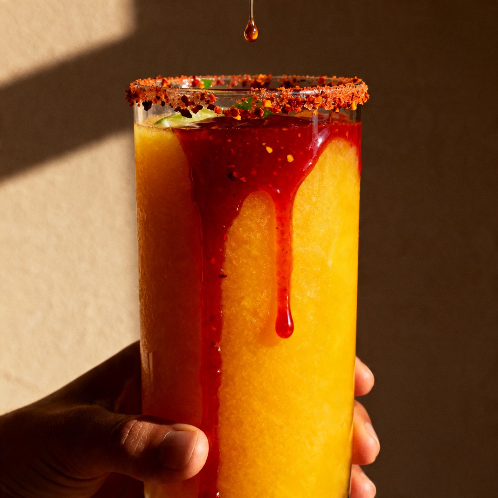 Chamoy ribbon pouring over frozen mangonada with Tajín rim