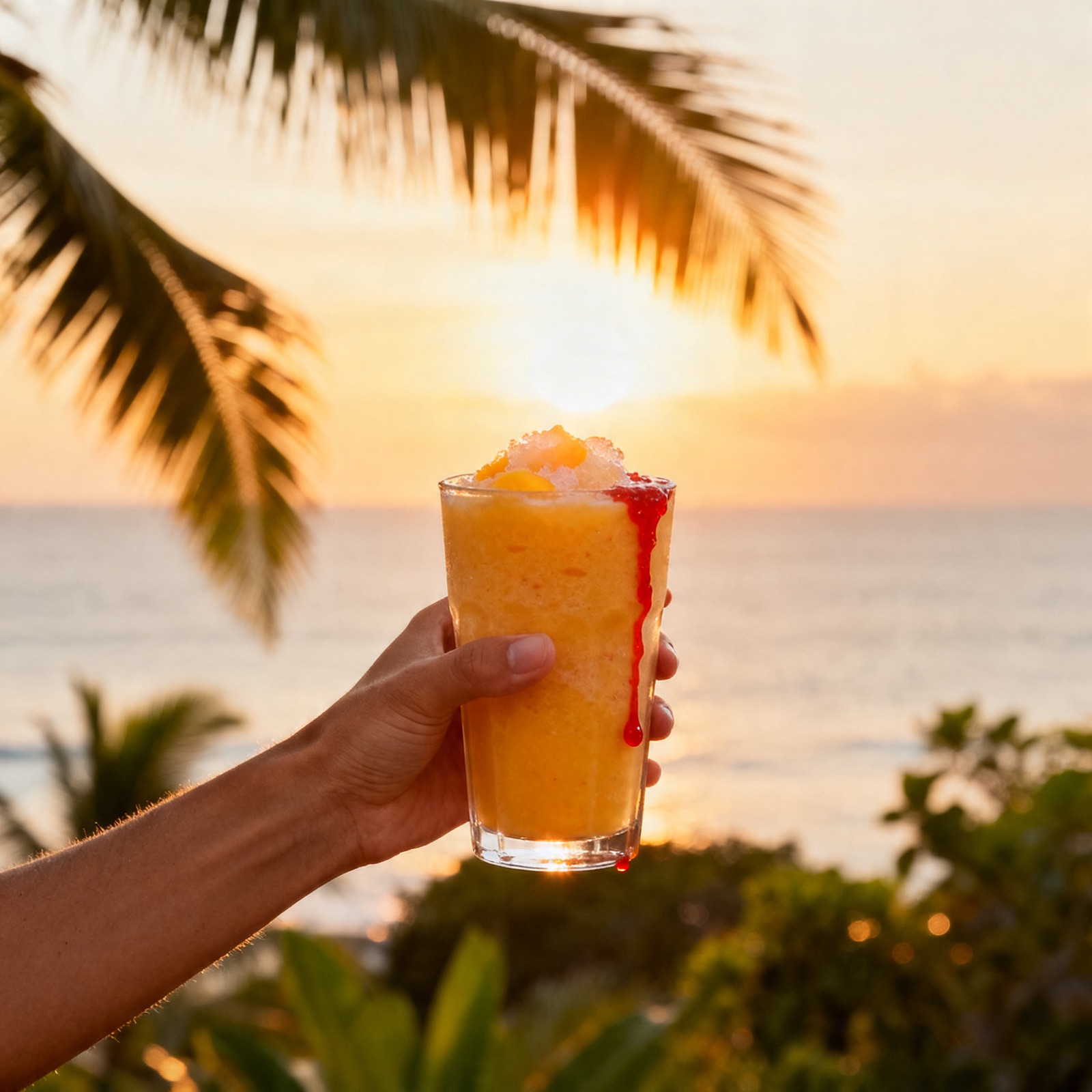 Golden-hour mango smoothie lifted toward palms and ocean in Canggu
